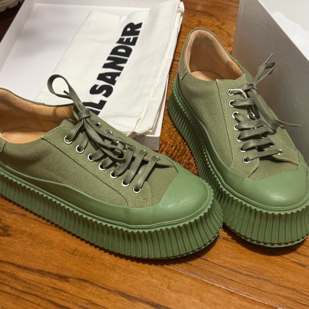 Jil Sander Olive Green Platform Canvas Sneakers